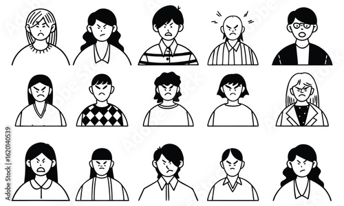 Collection of diverse cartoon faces displaying various expressions of anger and frustration in black and white