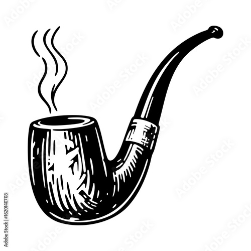 Pipe for smoking engraving black and white outline. Scratch board imitation.