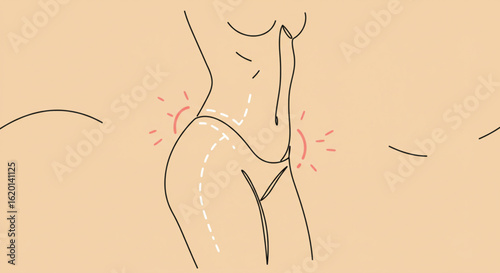 Abstract illustration of body contour with red waves of problem areas on peach background