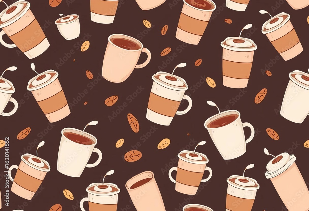 Cute coffee cup seamless pattern Doodle style americano, cappuccino, mocha, latte illustrations Perfect for print & web, print, cup of coffee Cute coffee cup seamless pattern Doodle style americano, cappuccino, mocha, latte illustrations Perfect for print & web, print, cup of coffee