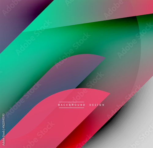Abstract colorful design features overlapping curved shapes. Gradient hues blend smoothly creating dynamic visual effect. Modern background texture.