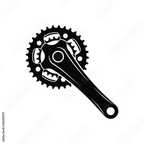Black Bicycle Crankset with Chainring, Connecting Rod, and Pedal Hole. Isolated Design, Vector Illustration