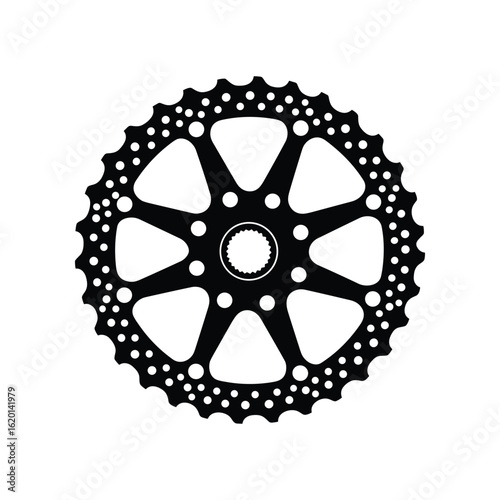 Black bike disc rotor with circular pattern and triangular segments, Vector Illustration.