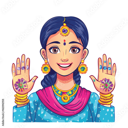 Illustration of a smiling Indian woman with traditional clothing and henna on her hands