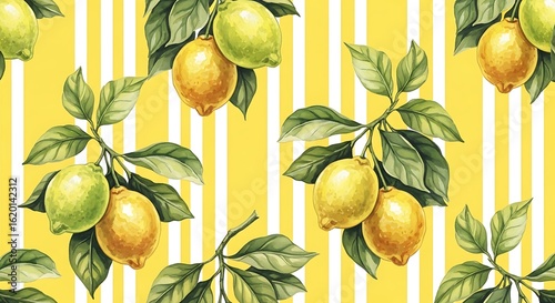 Seamless Lemon Pattern with Green Leaves and Striped Background for Summer Designs and Fresh Food Themes