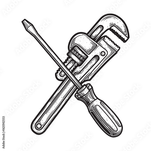 Crossed Screwdriver and Pipe Wrench Illustration, Hand Drawn Tools Clipart, Black and White Repair Icon
