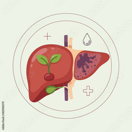 Healthy liver contrasted with diseased liver section, showcasing plant-based health benefits.