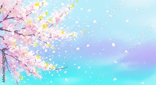 Spring Cherry Blossom Tree with Falling Petals and a Pastel Blue Sky Background for a Serene and Peaceful Atmosphere Perfect for Wallpaper or Design Element