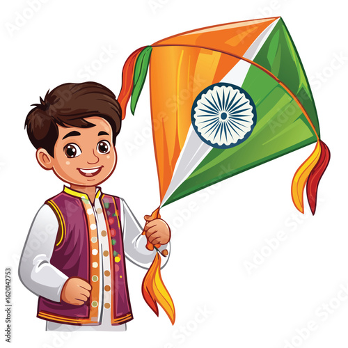 Cartoon boy holding Indian flag kite on white background