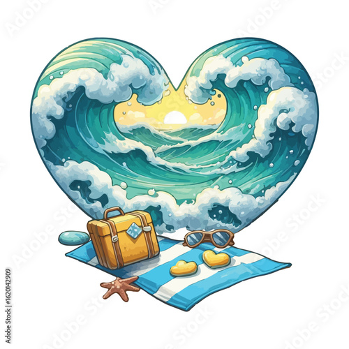 Beach heart Watercolor clipart, Ocean waves, sea froth sea rocks, beach illustration