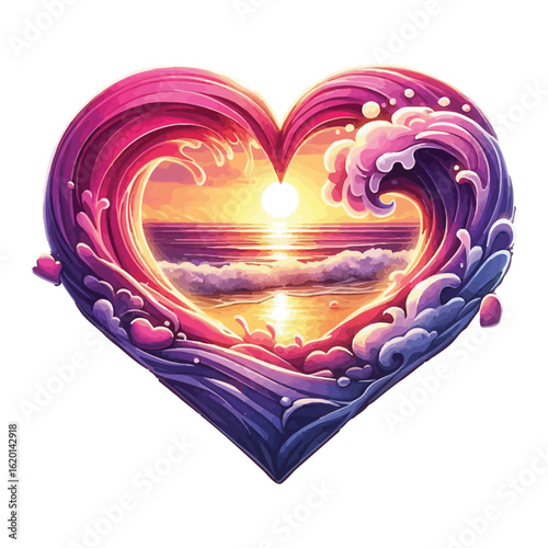 Beach heart Watercolor clipart, Ocean waves, sea froth sea rocks, beach illustration