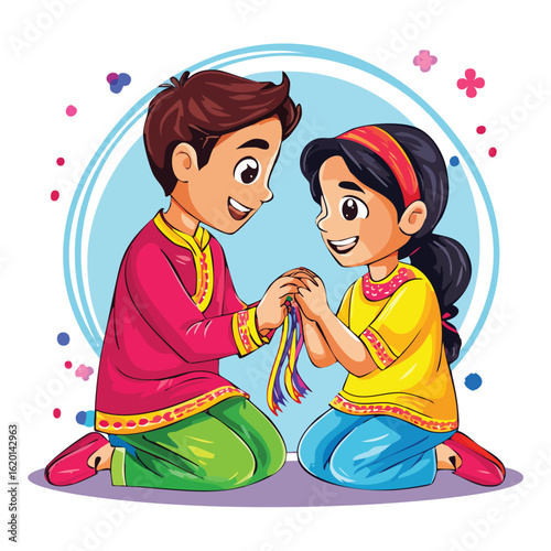 Illustration of a boy and girl tying a rakhi on each other's wrist in a colorful and festive setting.