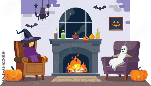 Spooky Halloween night vector illustration of a haunted house and castle with bats, pumpkins, and a cat silhouette under the moon