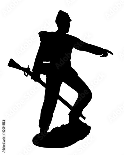 A black and white silhouette of an American Union Army infantryman holding a rifle stands against a clean white background. The stark contrast highlights the soldier's determined posture.