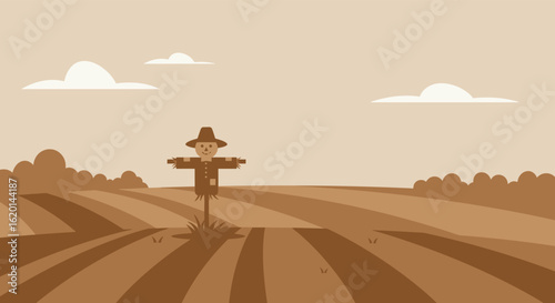 Cartoon Scarecrow Standing in a Field with Clouds in the Sky