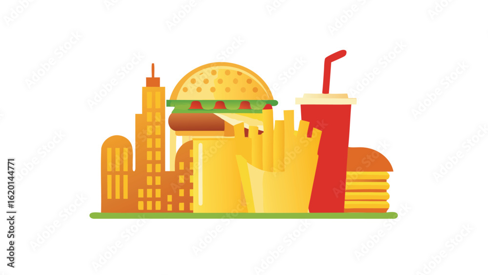 Obraz premium Illustration of a cityscape with fast food items including a burger fries and a drink in the foreground