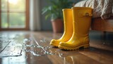 Bright yellow rain boots stand in puddles on a wooden floor inside a house. The scene suggests a cozy, rainy day indoors, emphasizing comfort, style, and resilience against wet weather.