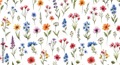 Watercolor floral pattern with vibrant wildflowers and delicate leaves on white background perfect for textile designs and spring themed projects