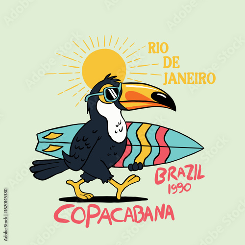 Rio surf paradise. Rio de janeiro paradise. Tropical bird artwork. Summer vibes artwork. Brazil beach vibes print. Copacabana beach vibes art. 