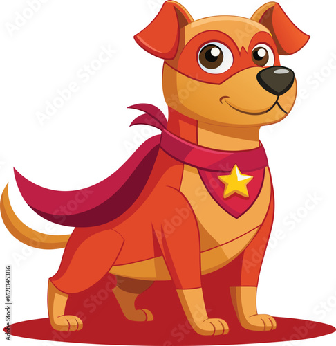Adorable Cartoon Superhero Dog;  Cheerful, Playful, Friendly; Red and Orange Costume;  Perfect for Children's Products, Branding, and Websites.