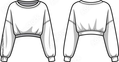 Women’s cropped sweatshirt with long puff sleeves, round neckline, elastic cuffs and hem, casual stylish pullover top, cozy fashion garment