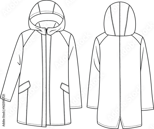 Flat technical drawing of long hooded coat with front zipper, flap pockets, back slit, detailed stitching, outerwear fashion design illustration