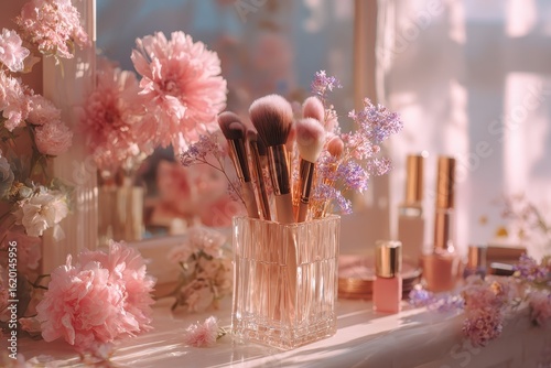 Makeup brushes in a crystal vase surrounded by pink flowers on a light surface. Use for beauty blogs, makeup tutorials, or cosmetic brand advertising.