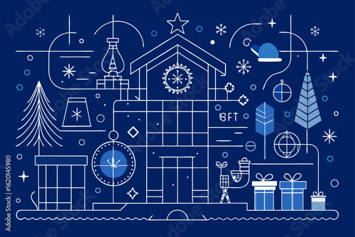 Christmas Scene Depicted in Blueprint Style
