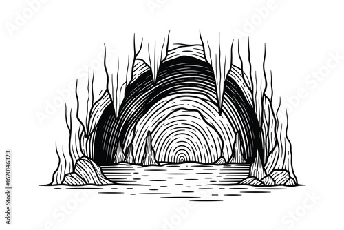 Cave Entrance with Stalactites and Water, Dark Interior, Black and White Outline, Vector Illustration.