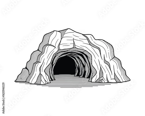 Cave Entrance Hand Drawn Detailed Illustration, Rock Structure, Dark Interior, Natural Formation, Black and White Vector Illustration
