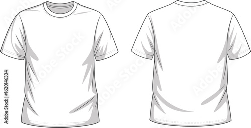 Men’s basic crew neck t-shirt, front and back views, casual cotton short sleeve tee, fashion flat sketch, vector illustration