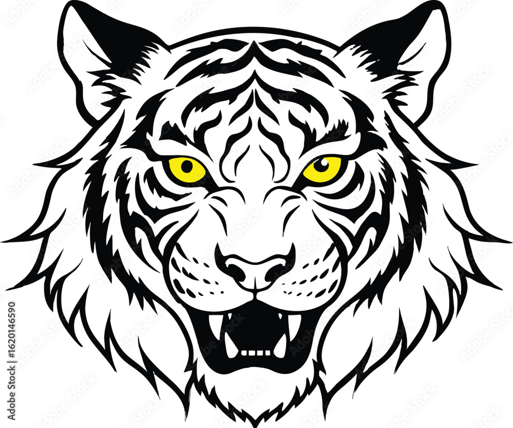 Obraz premium Aggressive White Tiger Head, Black and White Line Art, Fierce, Powerful, Mascot Style, Vector Illustration, Graphic Design Element, Wild Animal, Predator, Intense Gaze, Yellow Eyes.
