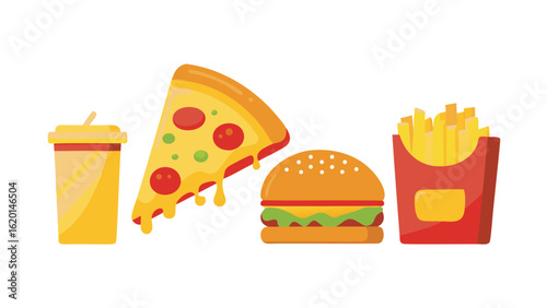 Illustration showing a soda, pizza slice, burger, and fries arranged side by side on a white background