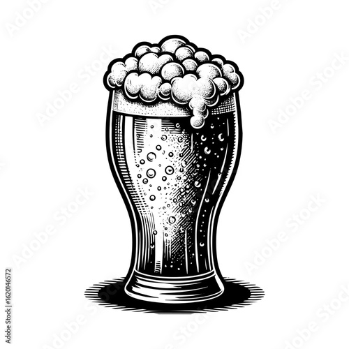 glass of beer full of foam engraving black and white outline. Scratch board imitation.