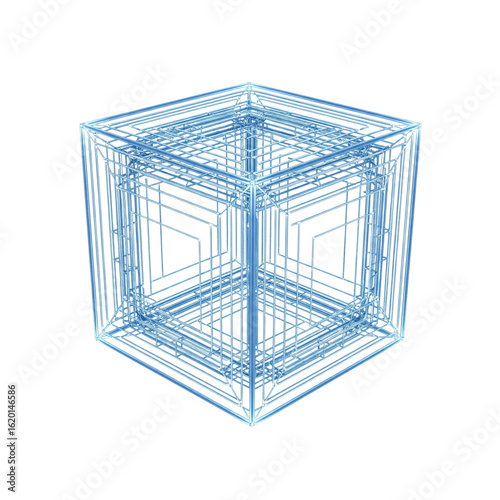3D Render of a Wireframe Cube for Futuristic Technology