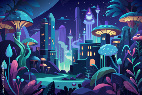 Nighttime Cityscape Lit by Bioluminescent Plants