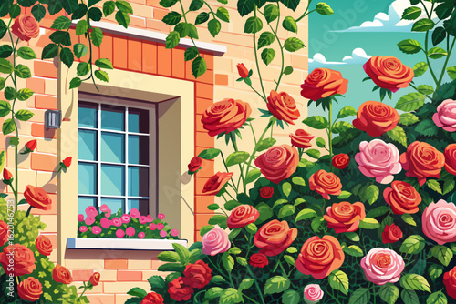 vector of Background of blooming roses. Flowers by the wall of the house above the window. Lots of flowers in spring...
