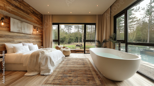 Luxurious bedroom with freestanding bathtub, wooden accents, large windows, and natural views, blending rustic charm with spa-like relaxation.
