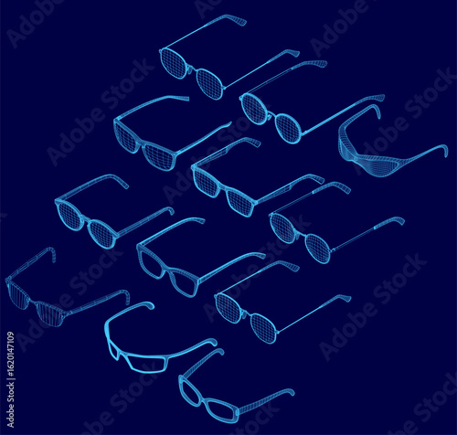 A set of glasses arranged in a neat row creates a wireframe effect on a blue background. Each glass slightly overlaps the one below, forming a visually striking pattern.