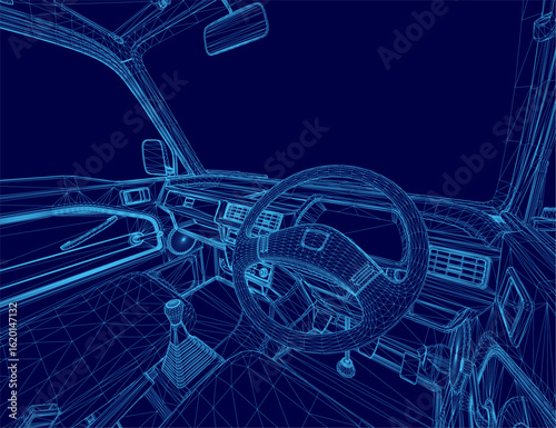 Blueprint of a car dashboard featuring a steering wheel, speedometer, and wireframe elements against a deep blue background. The design includes cargo truck details with precise technical lines.