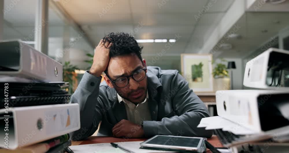 Pile, stress and business man at desk with documents for deadline, tasks and work load. Thinking, office and overwhelmed person with paperwork, files and report for burnout, frustrated and overworked