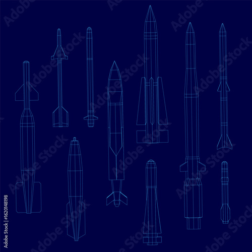 Blueprint of various rockets arranged in a line with distinct wireframe designs on a blue background. The warheads and projectiles are clearly visible, showcasing a detailed set of space technology.