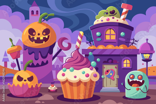Whimsical Vector of a Haunted Bakery with Flying Cupcakes