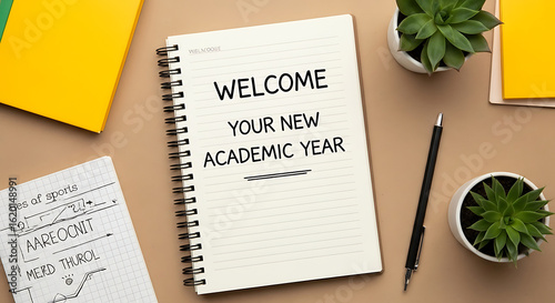 A flat lay of a notebook with welcome your new academic year text and stationery on a beige background back to school ai generated