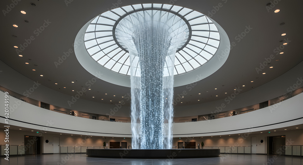 Obraz premium Spectacular indoor water feature beneath a circular skylight in a modern building design creating