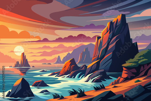 Vector Illustration of a Rugged Coastline with Dramatic Cliffs