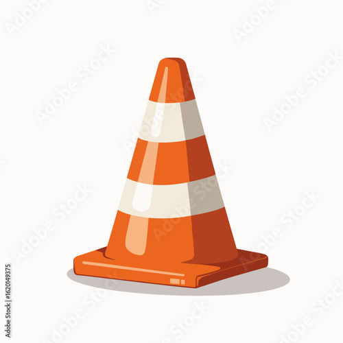 Orange construction cone with white stripes on a clean background. Construction cone is a common safety item used at road work sites and for directing traffic.