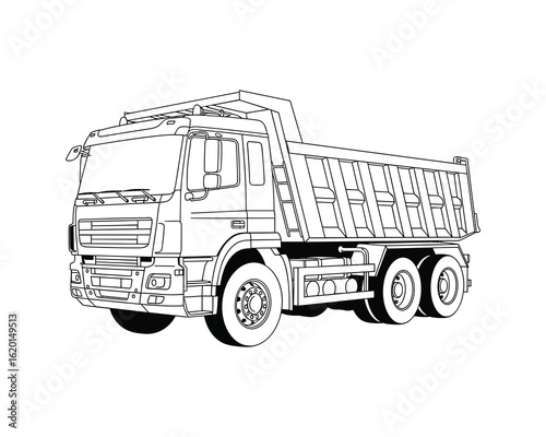 Detailed Black and White Dump Truck Illustration, Heavy Construction Vehicle, Transporting Material Vector Illustration