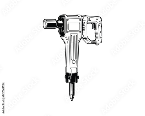 Detailed Black and White Jackhammer Illustration Construction Tool, Industrial Equipment, Vector Illustration.