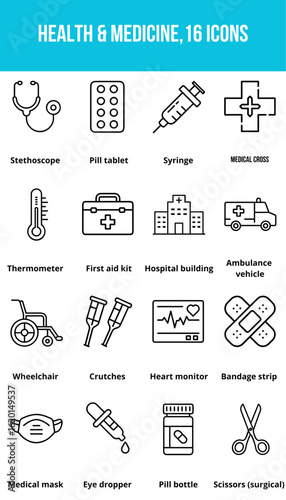 Health and medicine icons in simple line art style on blue background  